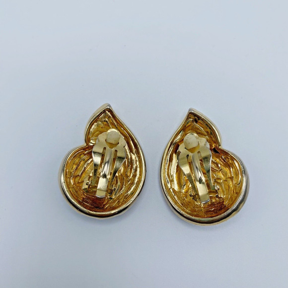 Vintage Large Gold Tone Enamel Navy White Abstract Earrings Statement Heavy 80s - Picture 3 of 6